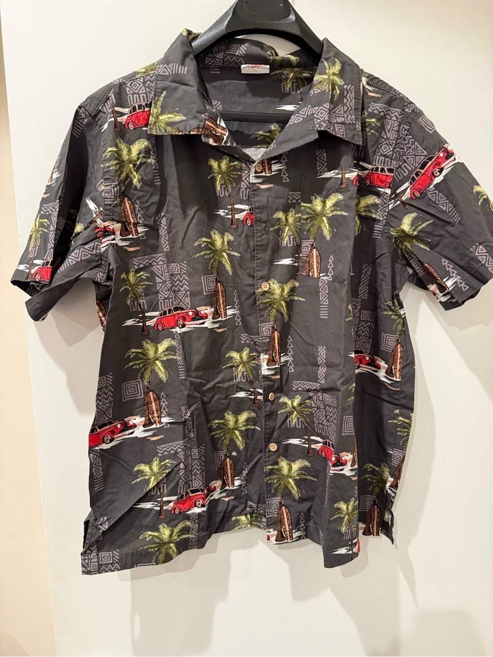 Barefoot In Paradise Men's Hawaiian Shirt Gray Woodie Car Surf Board SZ XL